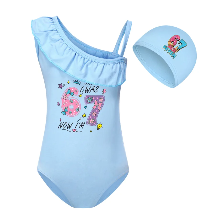 Girls’ Swimsuit & Cap Set, Style 05 · Set · Light Blue