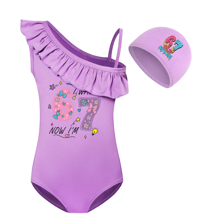 Girls’ Swimsuit & Cap Set, Style 07 · Set · Purple