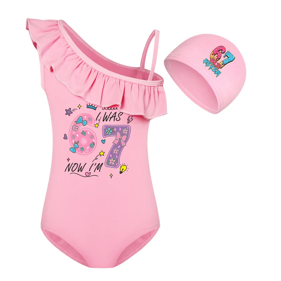 Girls’ Swimsuit & Cap Set, Style 08 · Set · Pink