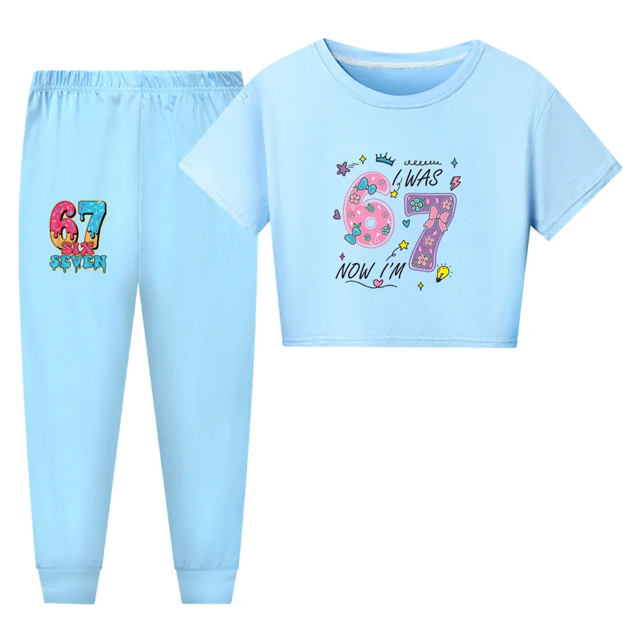Kids Family Lounge Set, Style 25 · Short Sleeve · Pants · Light Blue