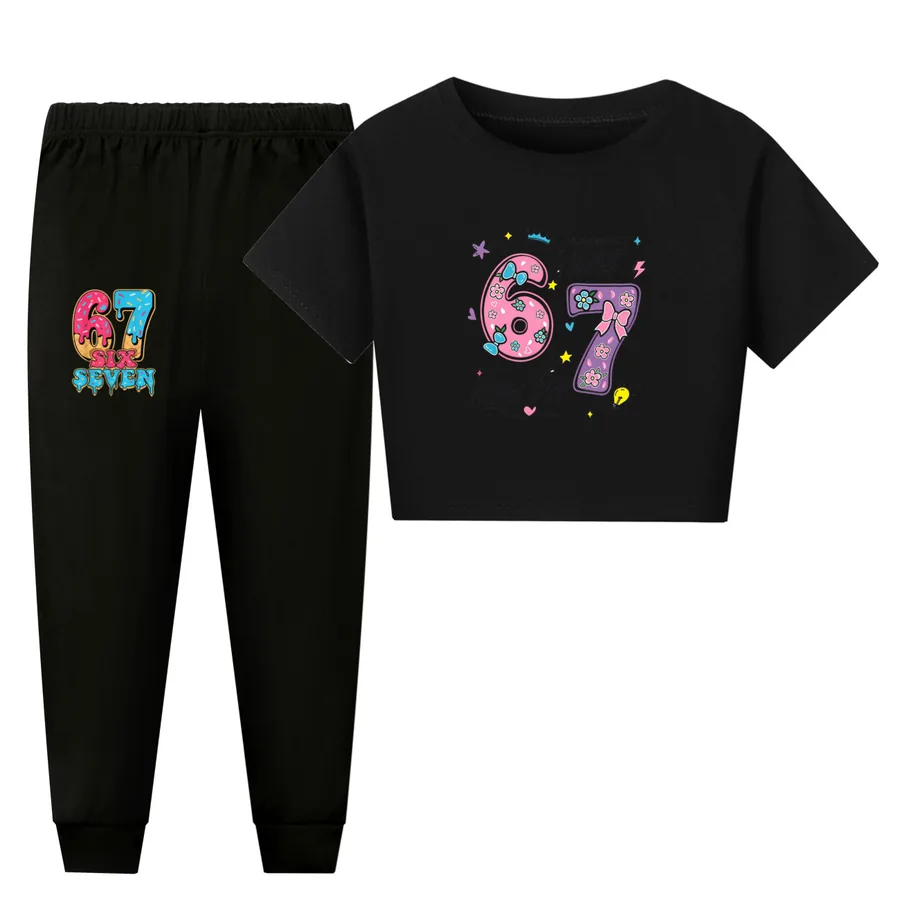 Kids Family Lounge Set, Style 28 · Short Sleeve · Pants · Black