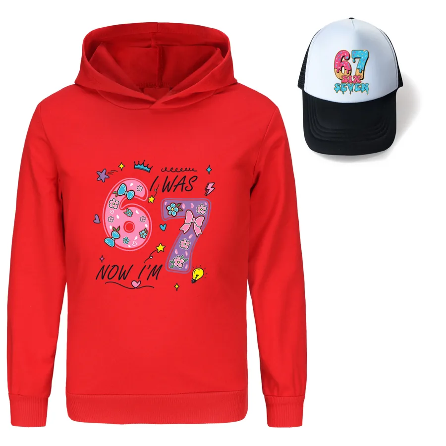 Graphic Hoodie & Sun Hat Set, Style 03 · Red