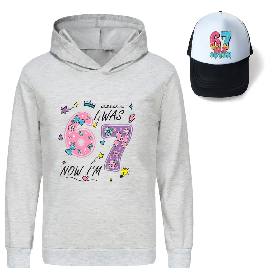 Graphic Hoodie & Sun Hat Set, Style 05 · Grey