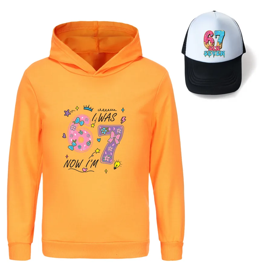 Graphic Hoodie & Sun Hat Set, Style 13 · Orange