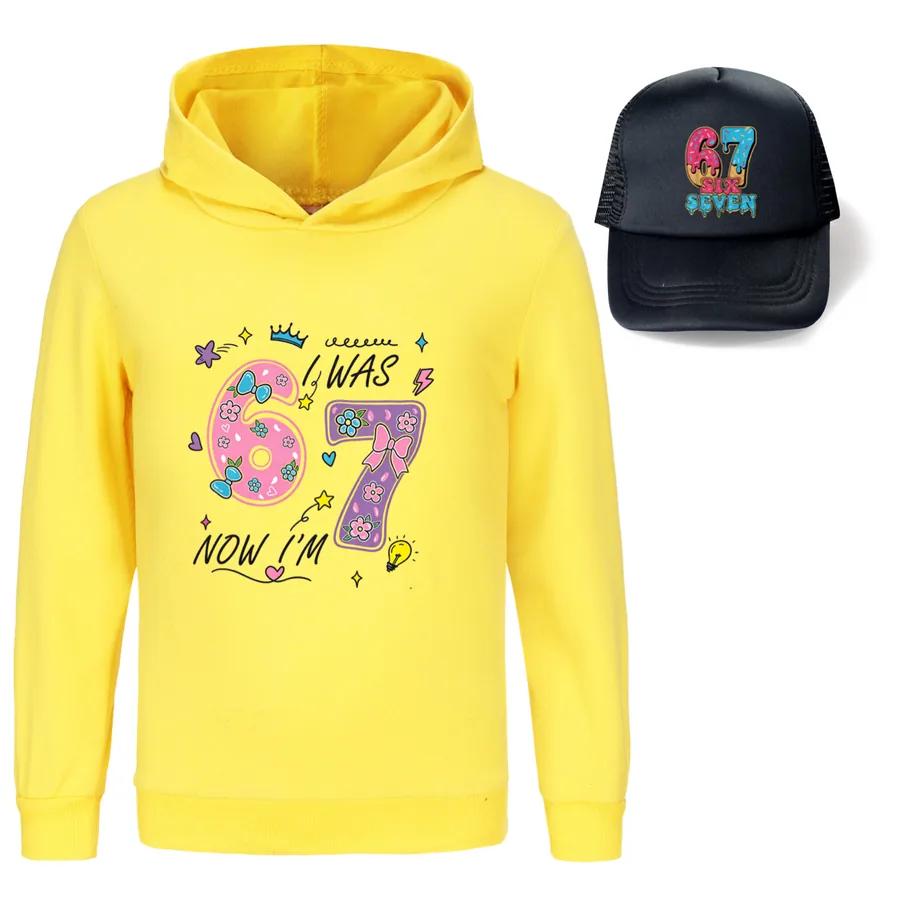 Graphic Hoodie & Sun Hat Set, Style 15 · Yellow
