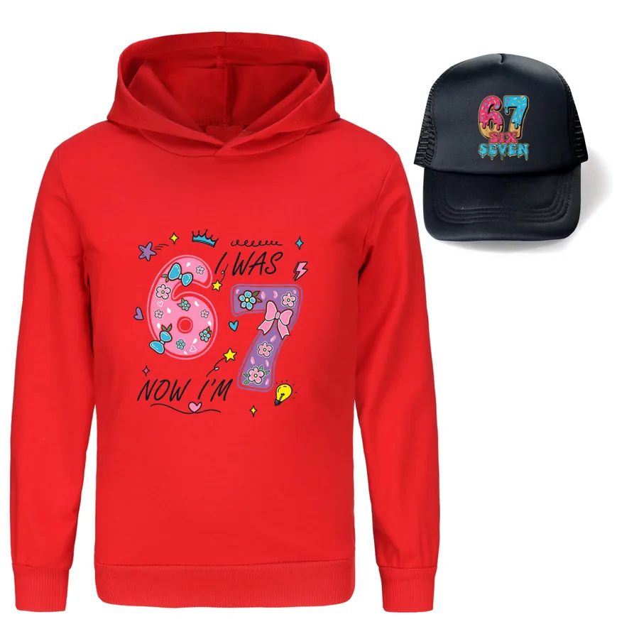Graphic Hoodie & Sun Hat Set, Style 16 · Red