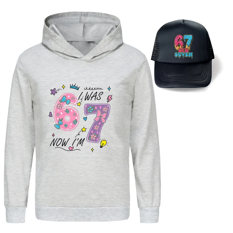 Graphic Hoodie & Sun Hat Set, Style 18 · Grey