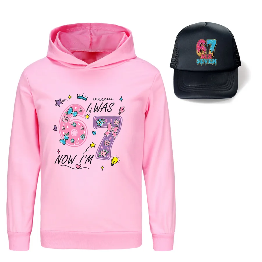 Graphic Hoodie & Sun Hat Set, Style 24 · Pink