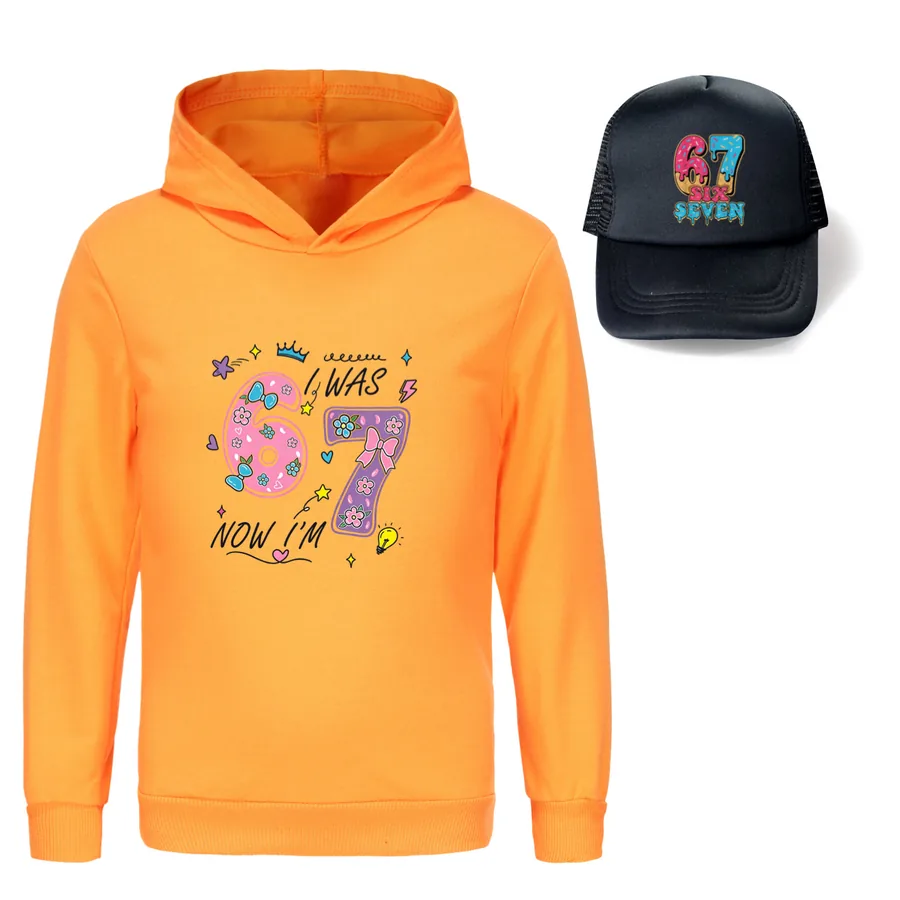 Graphic Hoodie & Sun Hat Set, Style 26 · Orange