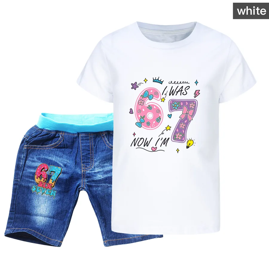 Graphic Tee & Denim Shorts Set, Style 02 · Denim · White