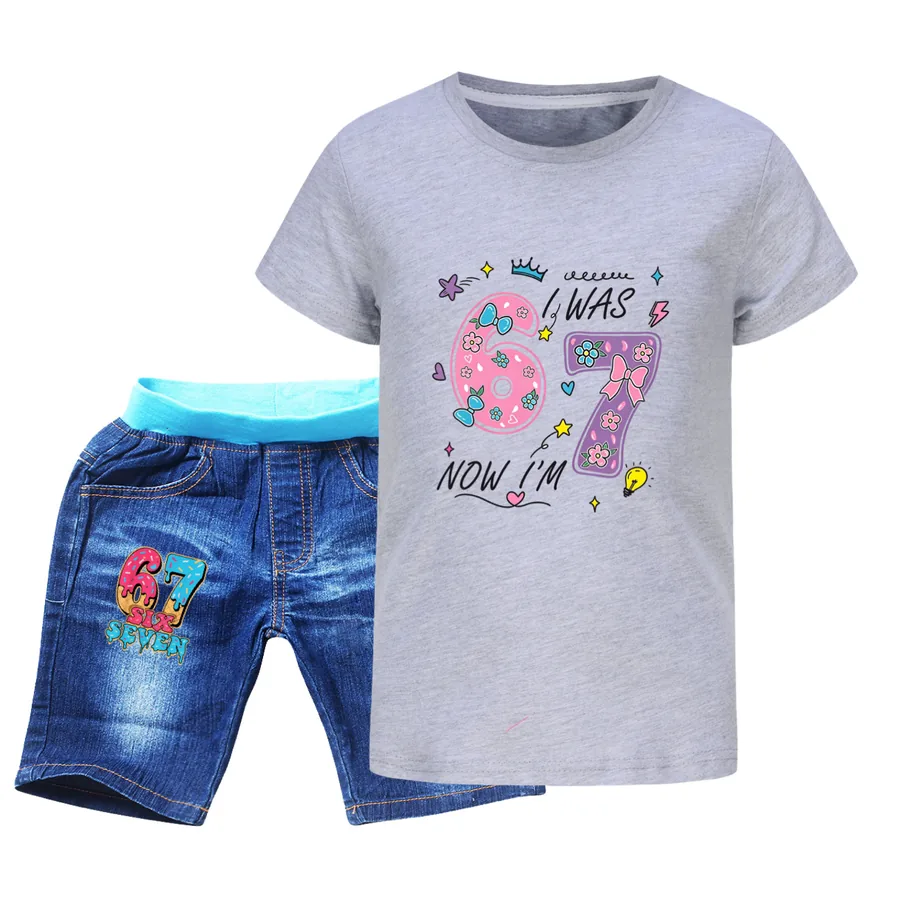 Graphic Tee & Denim Shorts Set, Style 03 · Denim · Grey