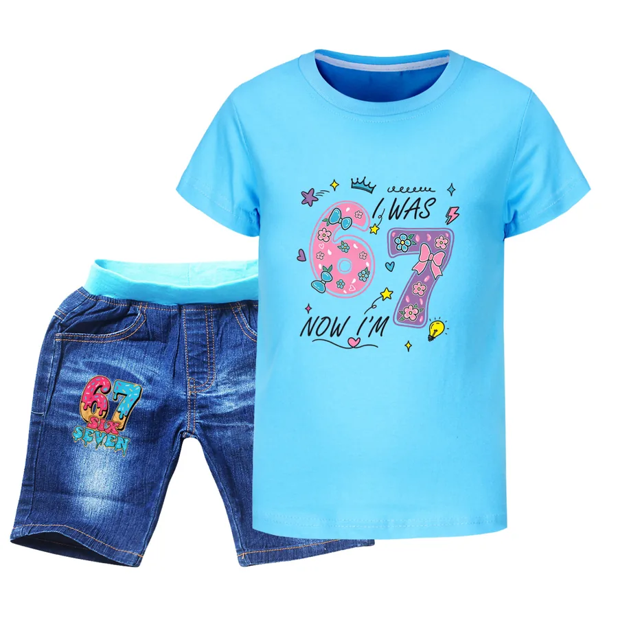 Graphic Tee & Denim Shorts Set, Style 04 · Denim · Light Blue