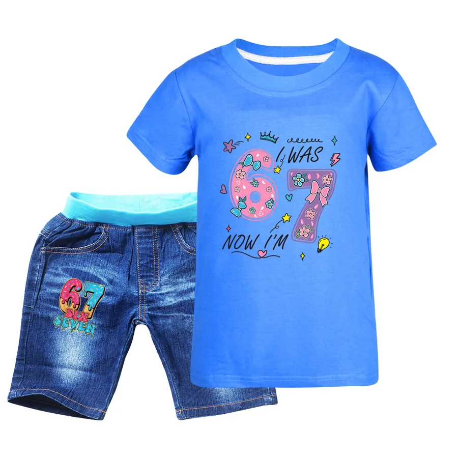 Graphic Tee & Denim Shorts Set, Style 05 · Denim · Blue