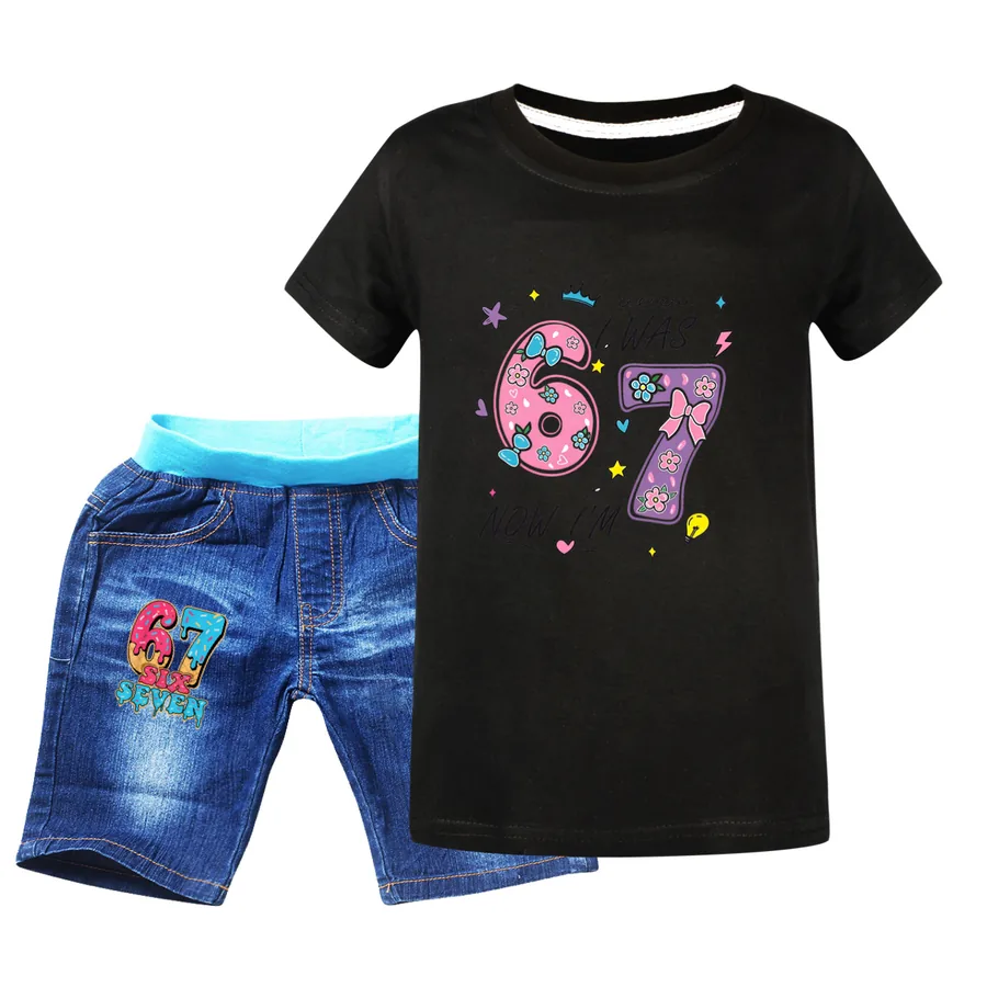 Graphic Tee & Denim Shorts Set, Style 06 · Denim · Black