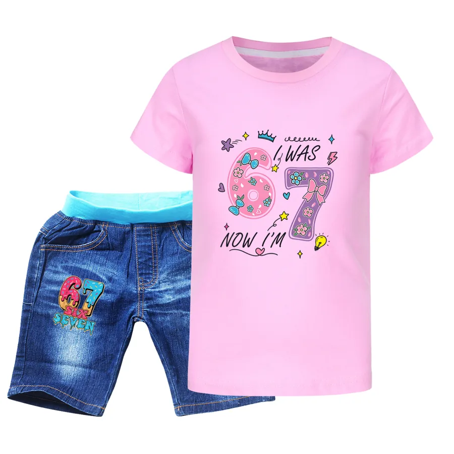Graphic Tee & Denim Shorts Set, Style 07 · Denim · Pink