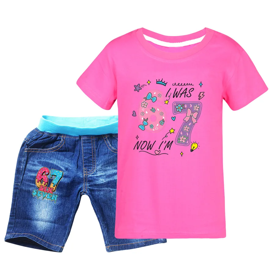 Graphic Tee & Denim Shorts Set, Style 08 · Denim · Rose