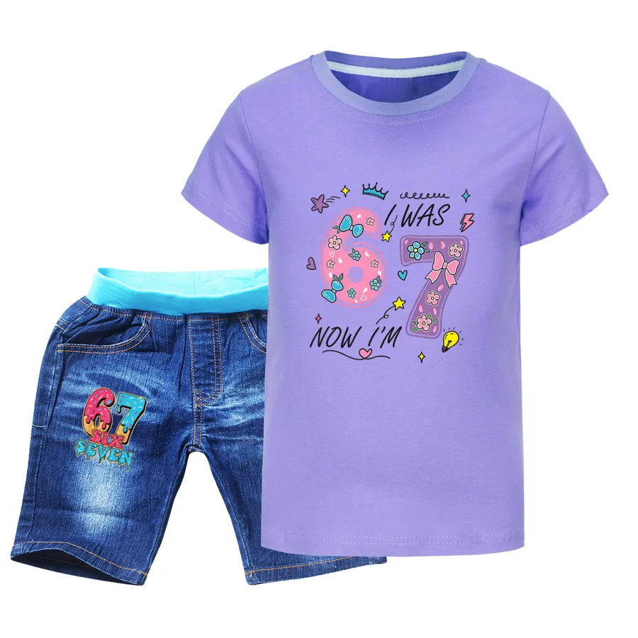 Graphic Tee & Denim Shorts Set, Style 09 · Denim · Purple