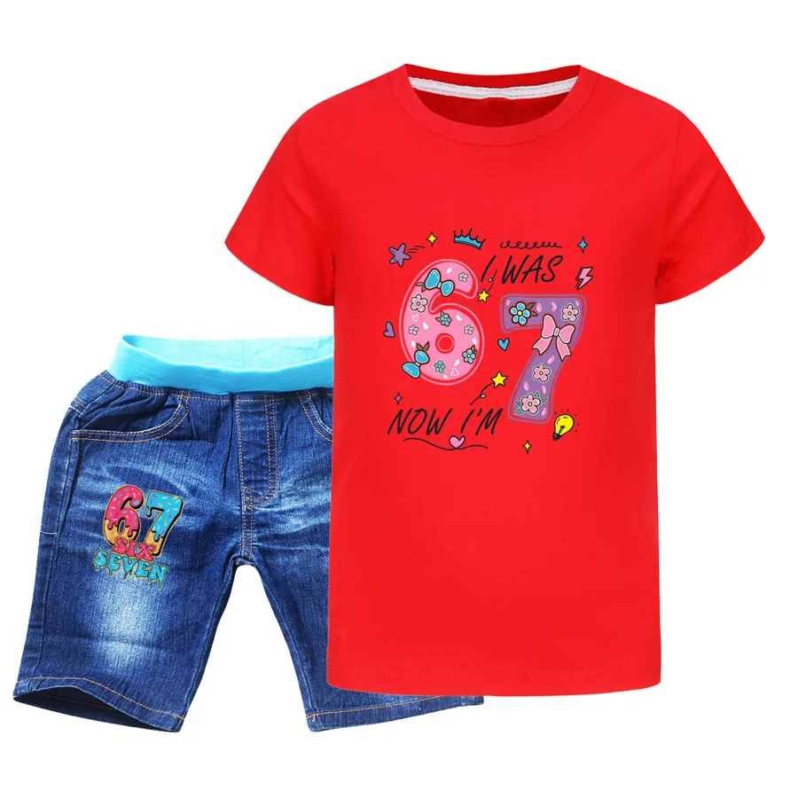 Graphic Tee & Denim Shorts Set, Style 10 · Denim · Red