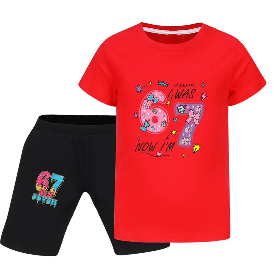 Graphic Tee & Denim Shorts Set, Style 12 · Red
