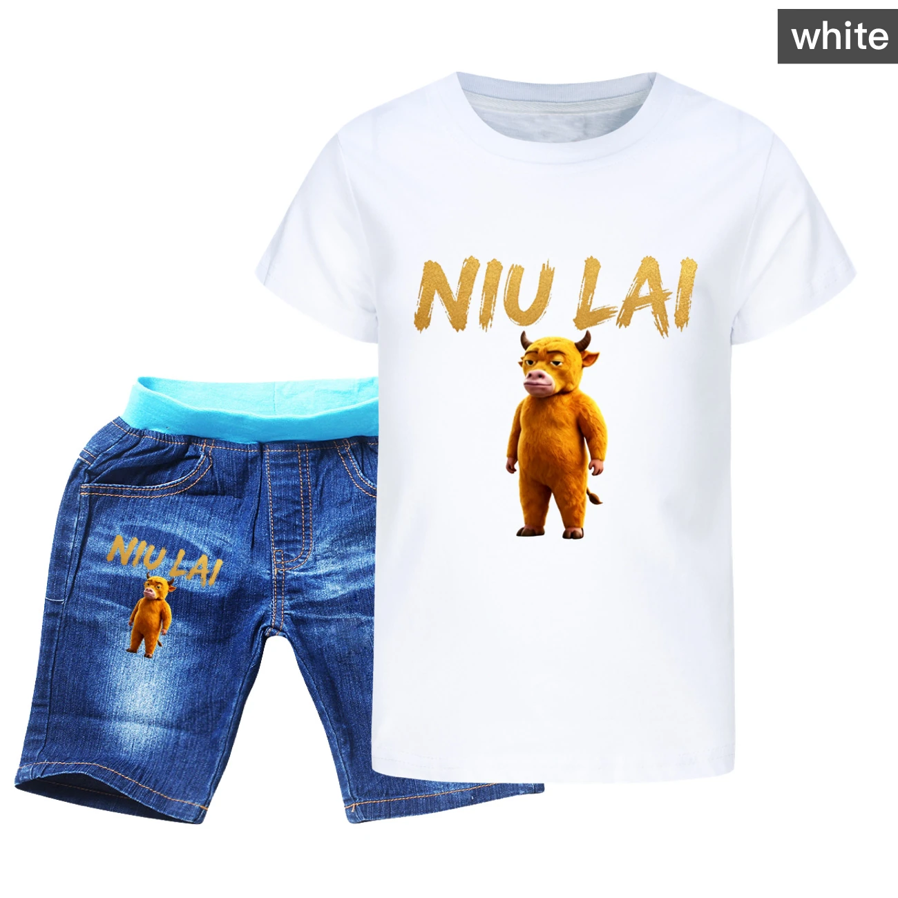 Graphic Tee & Denim Shorts Set — 5813 Edition, Style 02 · Denim · White