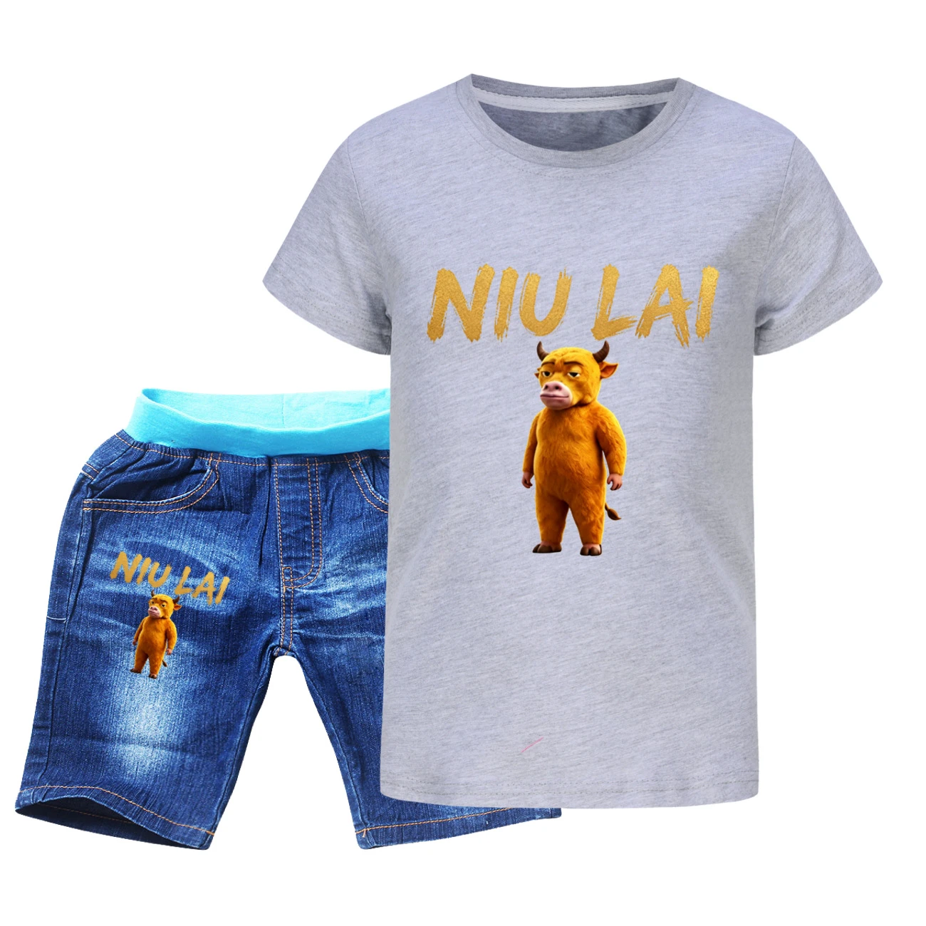 Graphic Tee & Denim Shorts Set — 5813 Edition, Style 03 · Denim · Grey