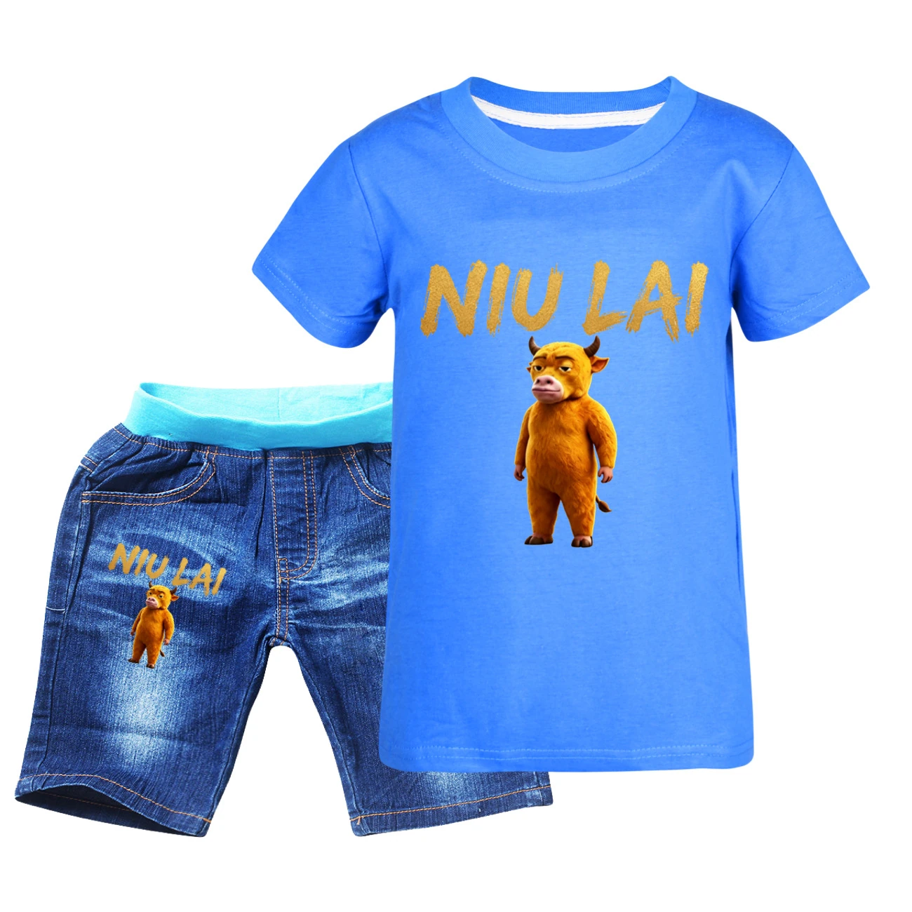 Graphic Tee & Denim Shorts Set — 5813 Edition, Style 05 · Denim · Blue