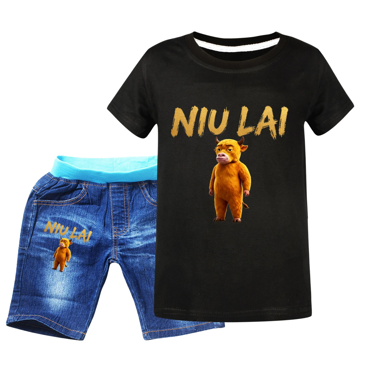Graphic Tee & Denim Shorts Set — 5813 Edition, Style 06 · Denim · Black