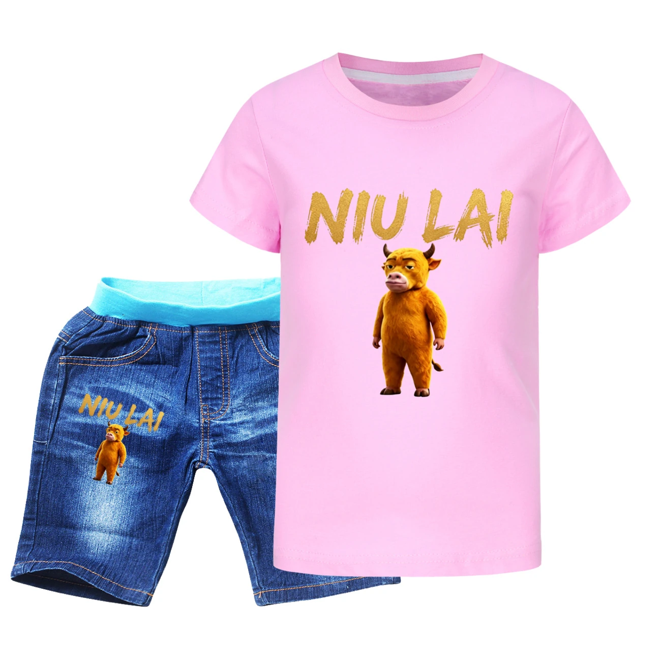 Graphic Tee & Denim Shorts Set — 5813 Edition, Style 07 · Denim · Pink