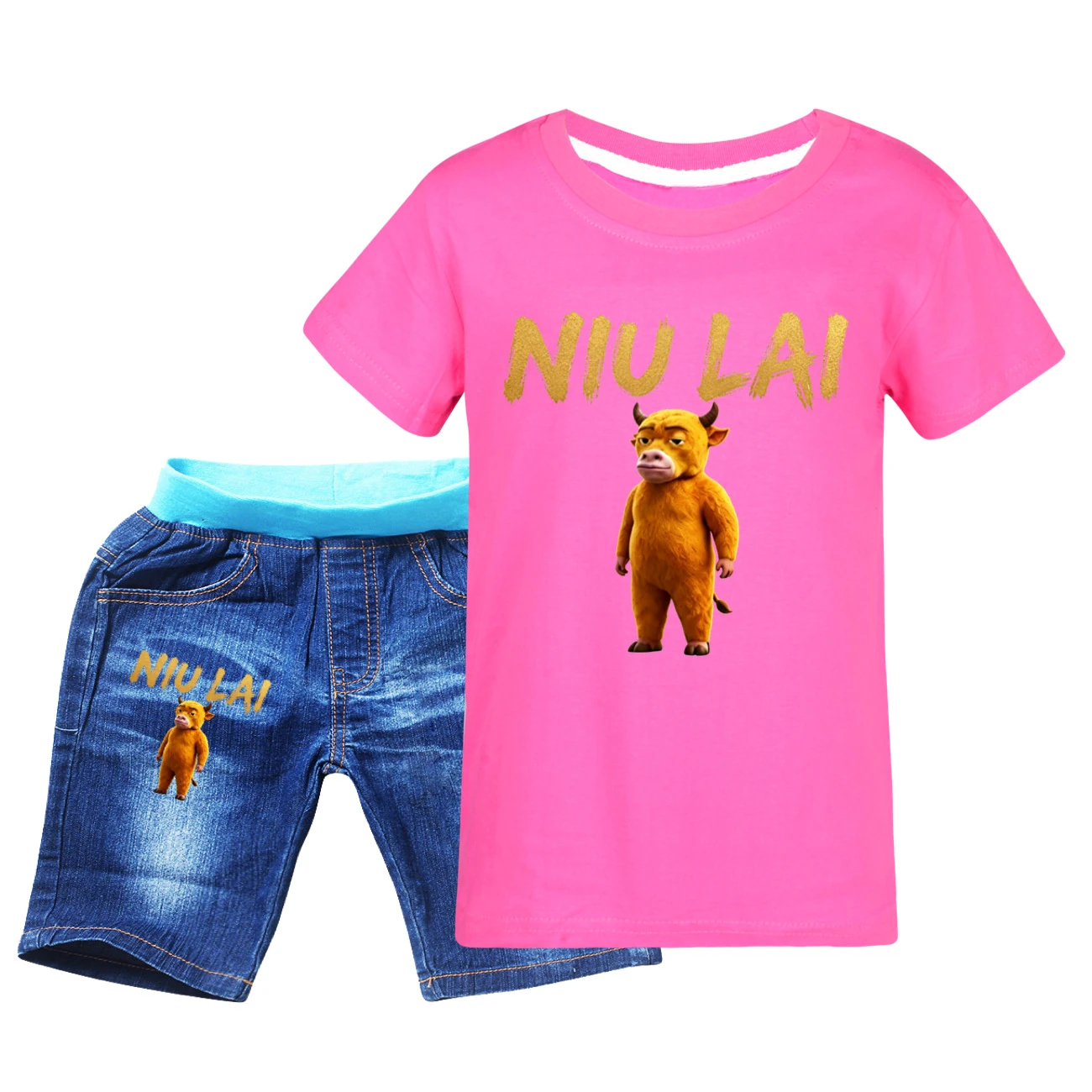 Graphic Tee & Denim Shorts Set — 5813 Edition, Style 08 · Denim · Rose