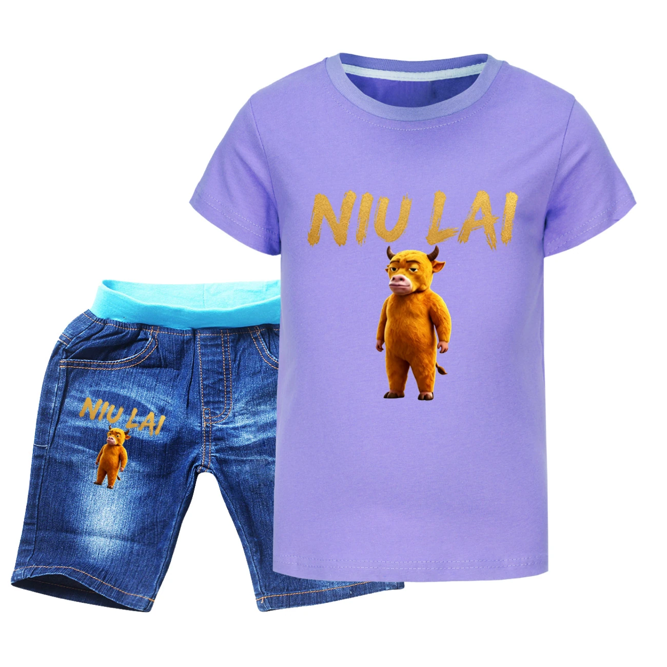 Graphic Tee & Denim Shorts Set — 5813 Edition, Style 09 · Denim · Purple