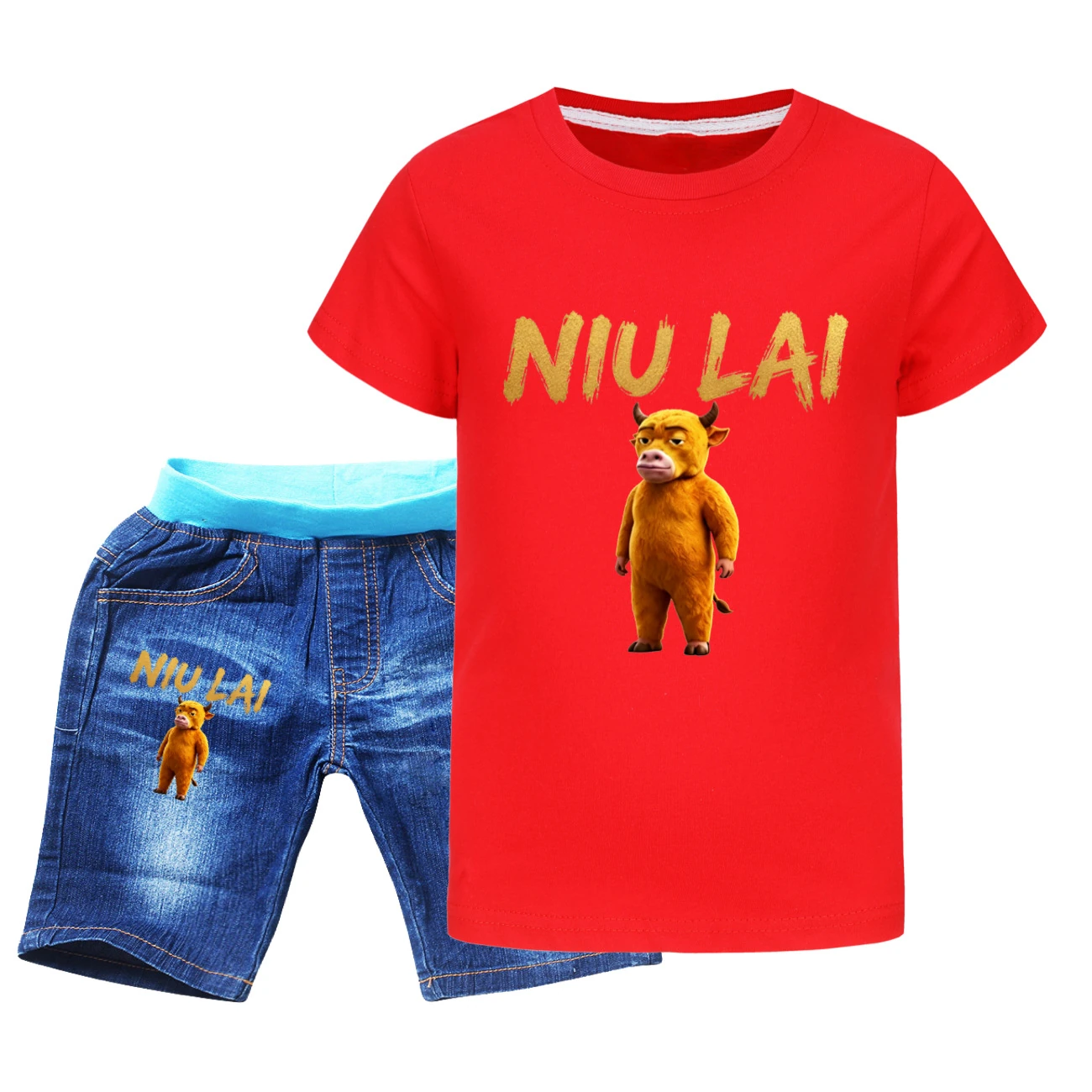 Graphic Tee & Denim Shorts Set — 5813 Edition, Style 10 · Denim · Red