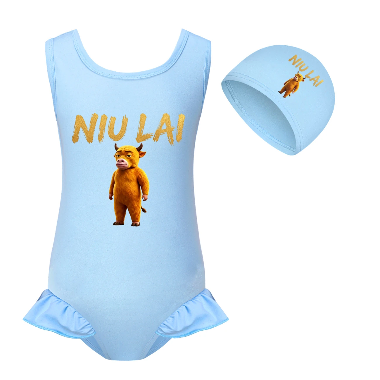 Girls’ One-Piece Swimsuit & Cap Set — 5813 Edition, Style 01 · Set · Light Blue