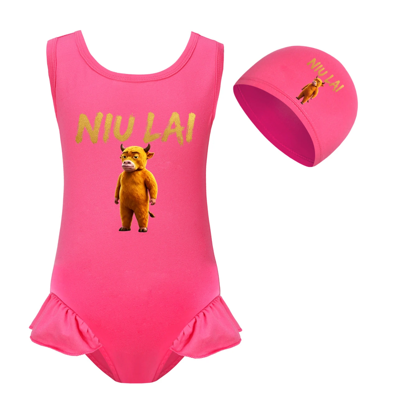 Girls’ One-Piece Swimsuit & Cap Set — 5813 Edition, Style 02 · Set · Rose