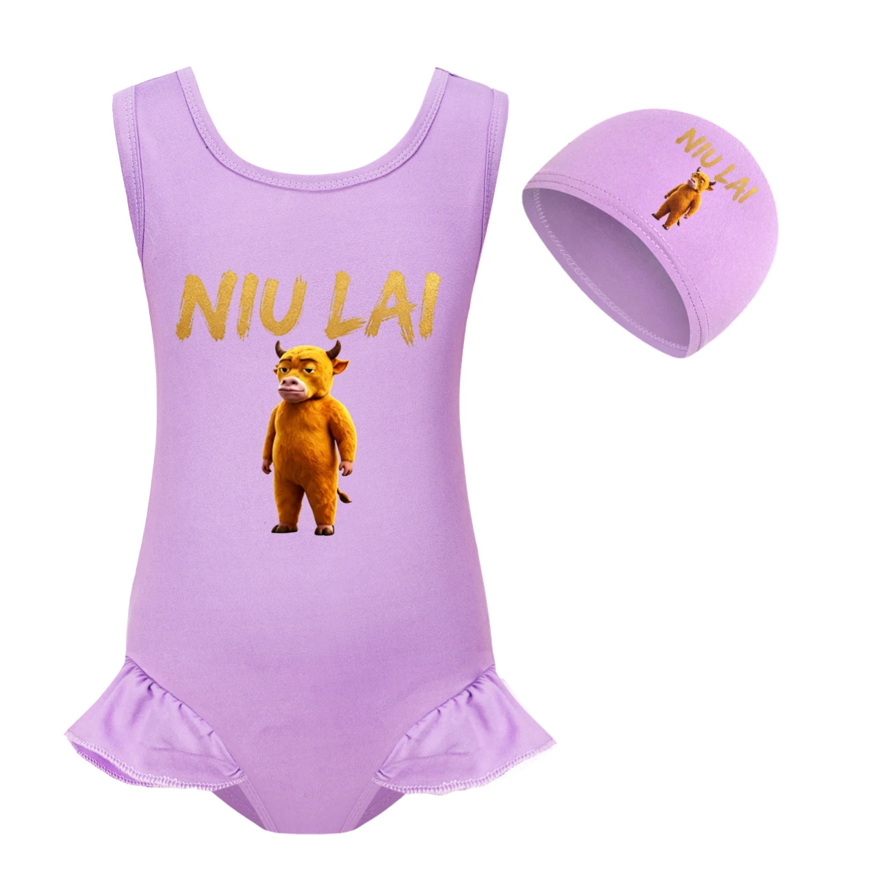 Girls’ One-Piece Swimsuit & Cap Set — 5813 Edition, Style 03 · Set · Purple