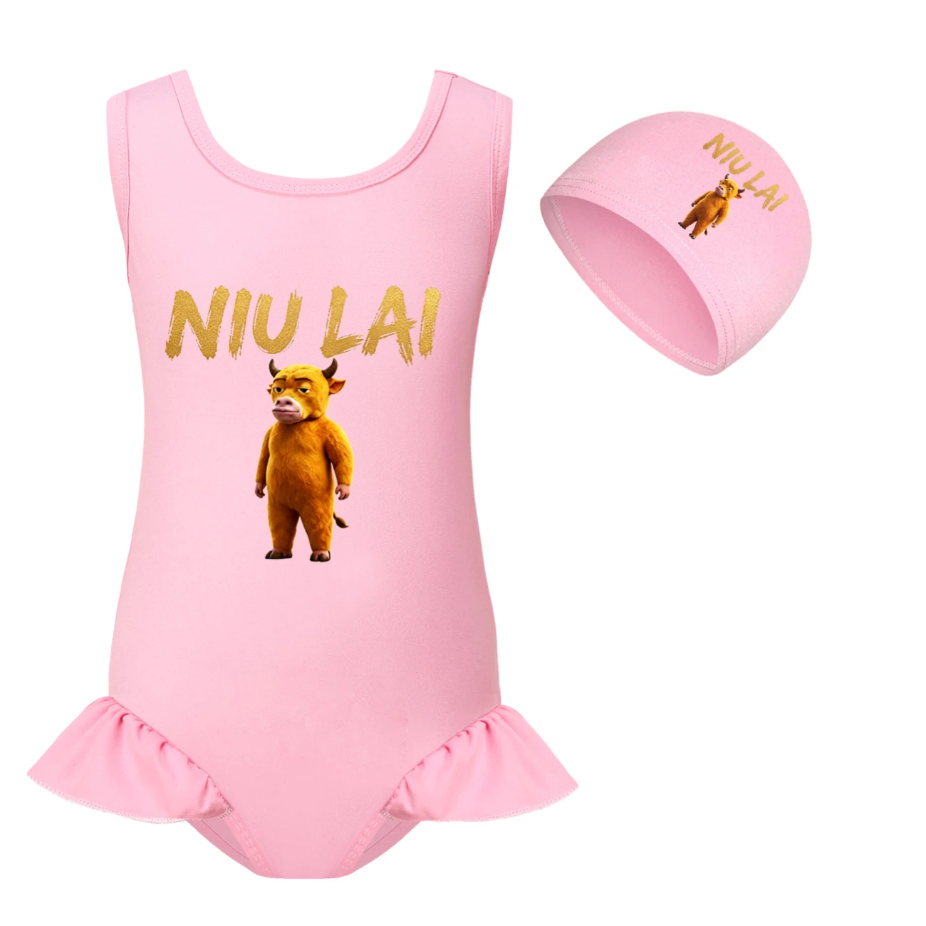 Girls’ One-Piece Swimsuit & Cap Set — 5813 Edition, Style 04 · Set · Pink