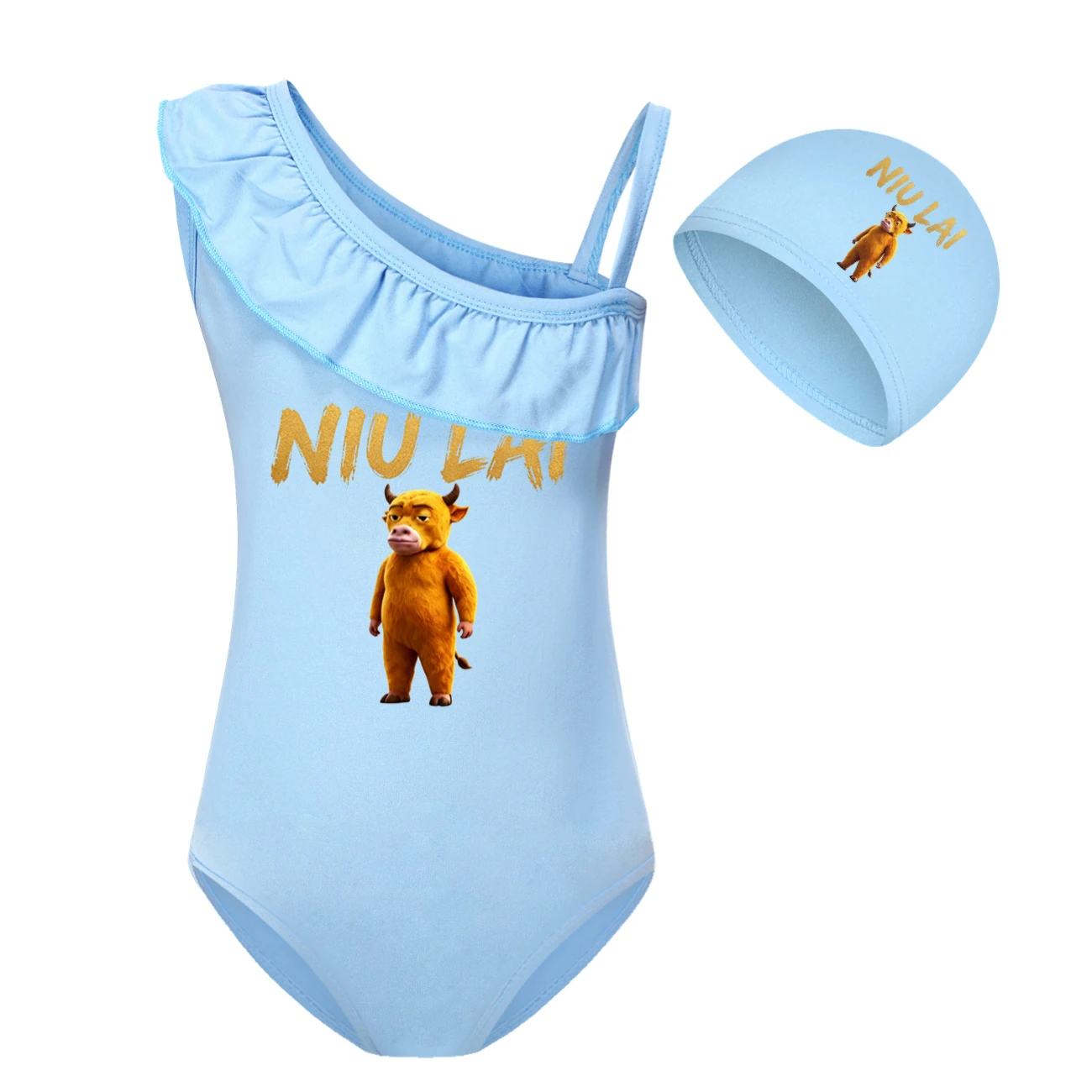 Girls’ One-Piece Swimsuit & Cap Set — 5813 Edition, Style 05 · Set · Light Blue
