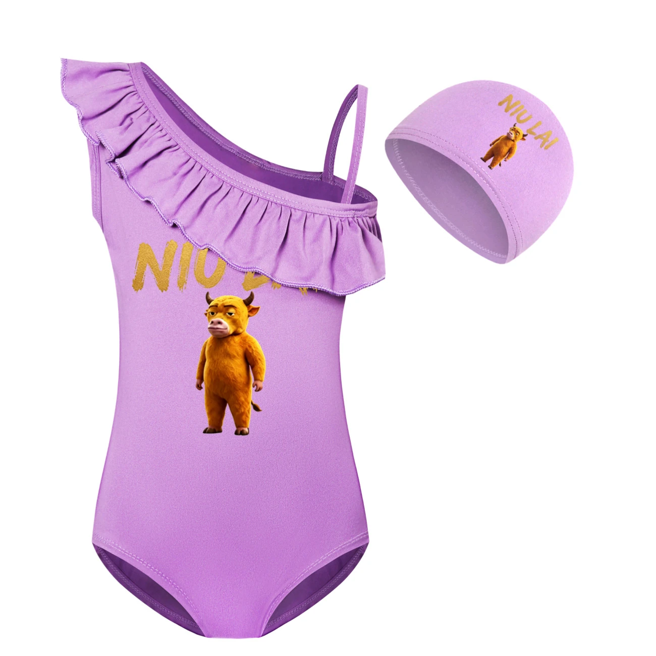 Girls’ One-Piece Swimsuit & Cap Set — 5813 Edition, Style 07 · Set · Purple