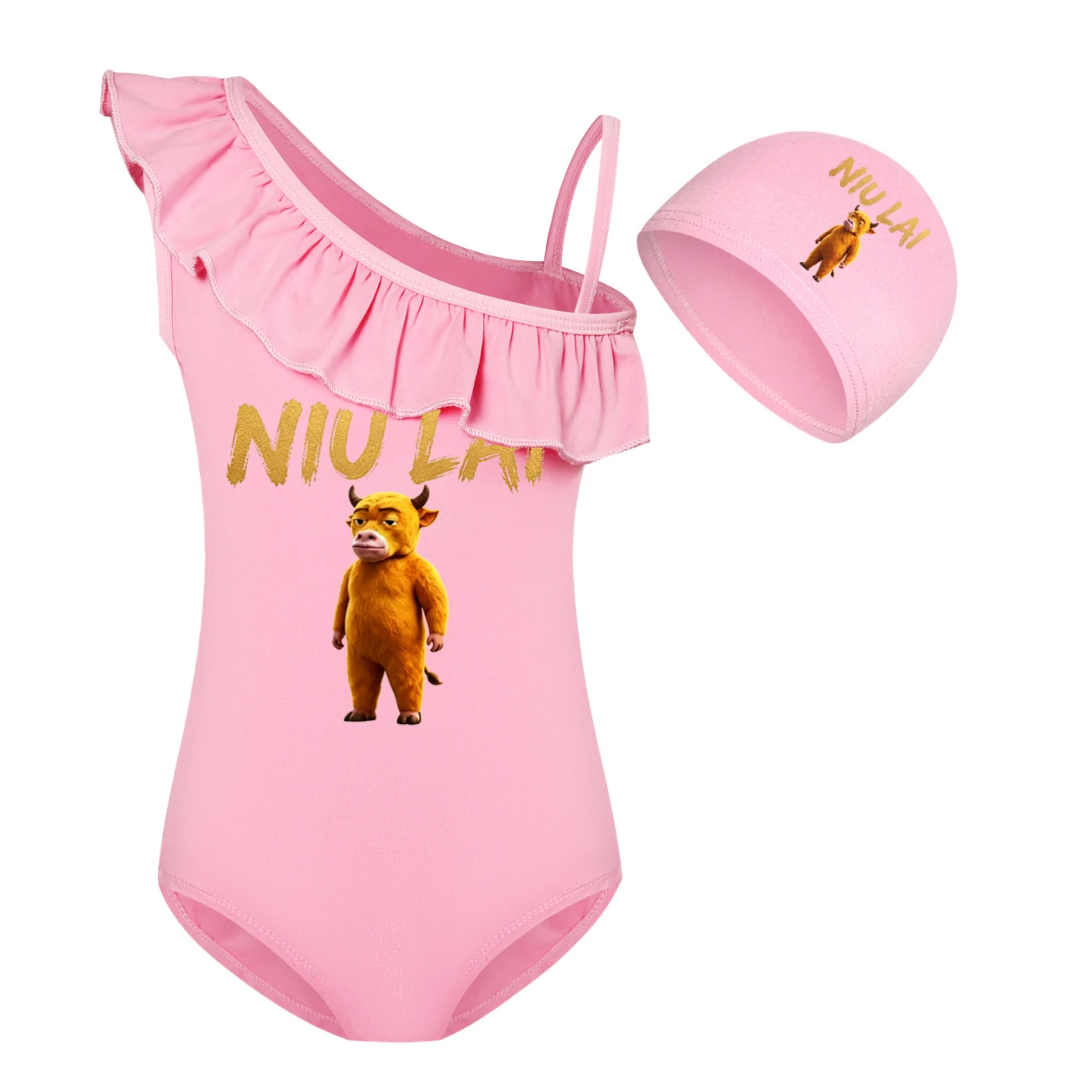Girls’ One-Piece Swimsuit & Cap Set — 5813 Edition, Style 08 · Set · Pink