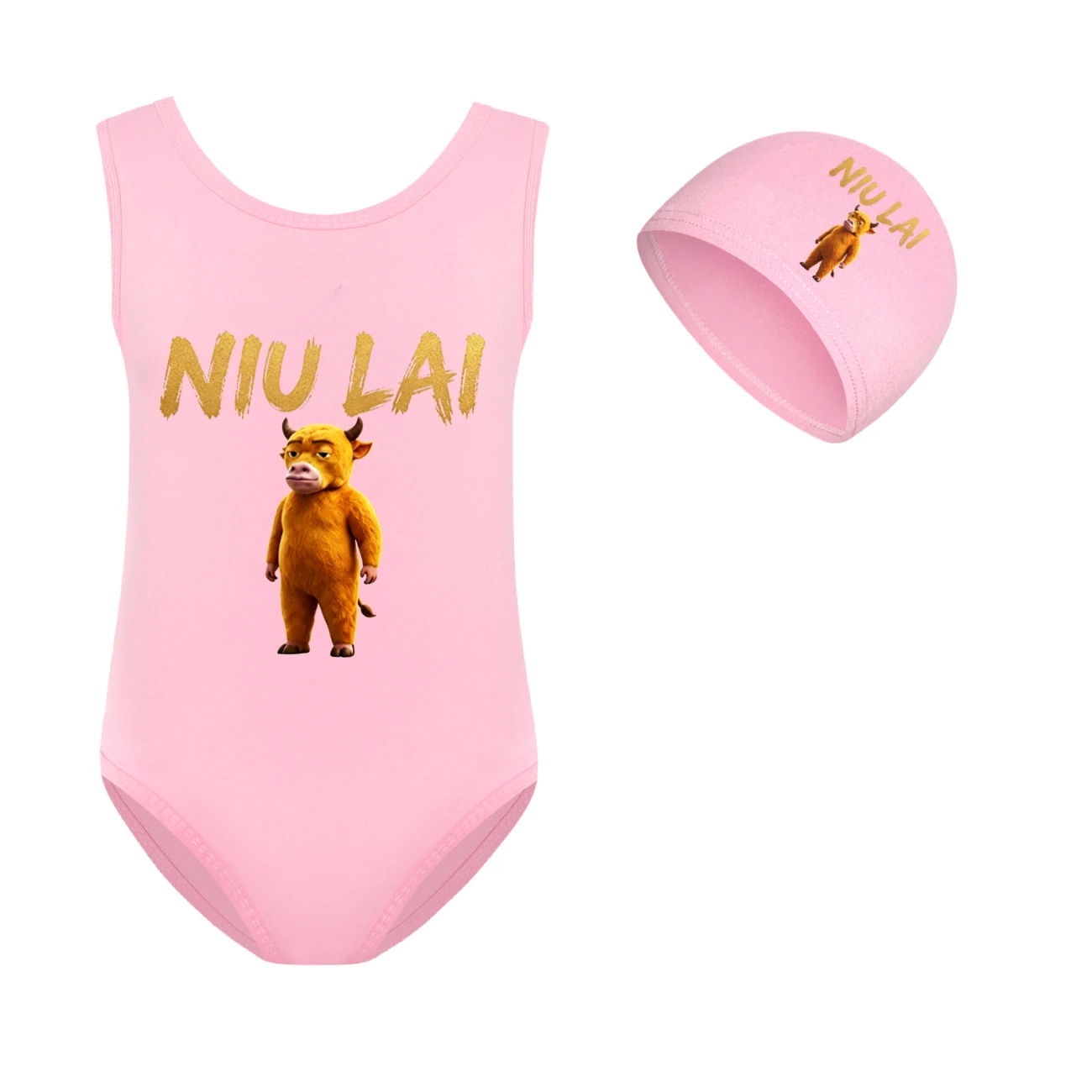 Girls’ One-Piece Swimsuit & Cap Set — 5813 Edition, Style 09 · Set · Pink