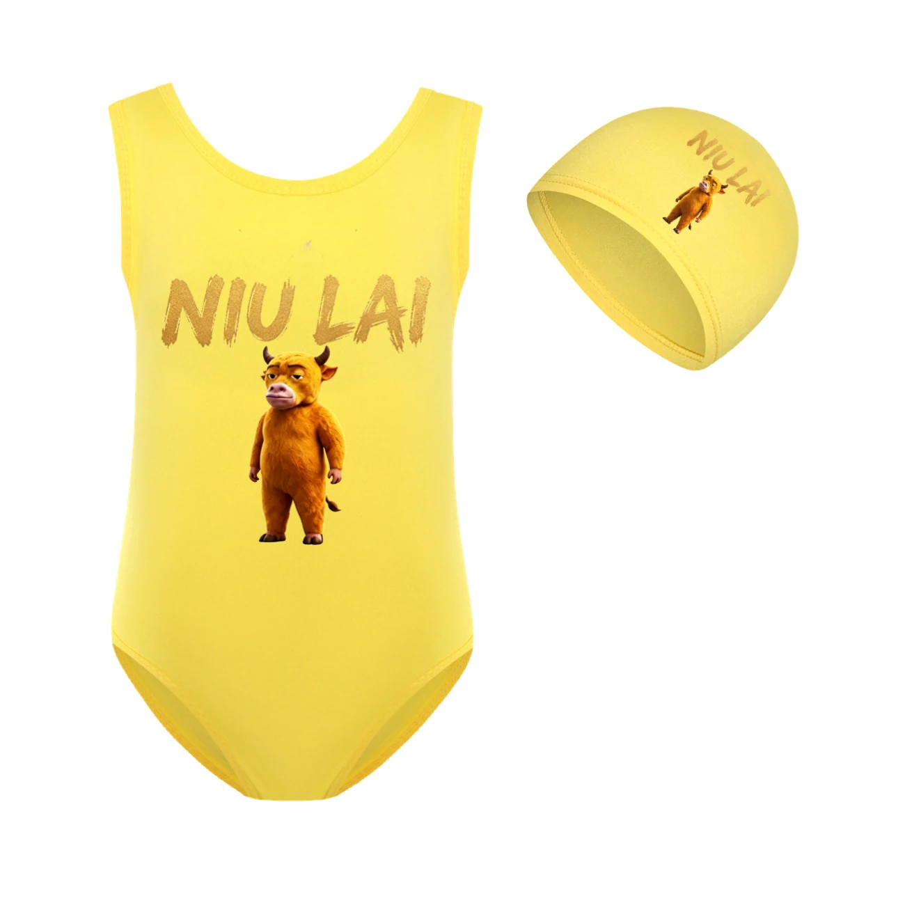 Girls’ One-Piece Swimsuit & Cap Set — 5813 Edition, Style 10 · Set · Yellow