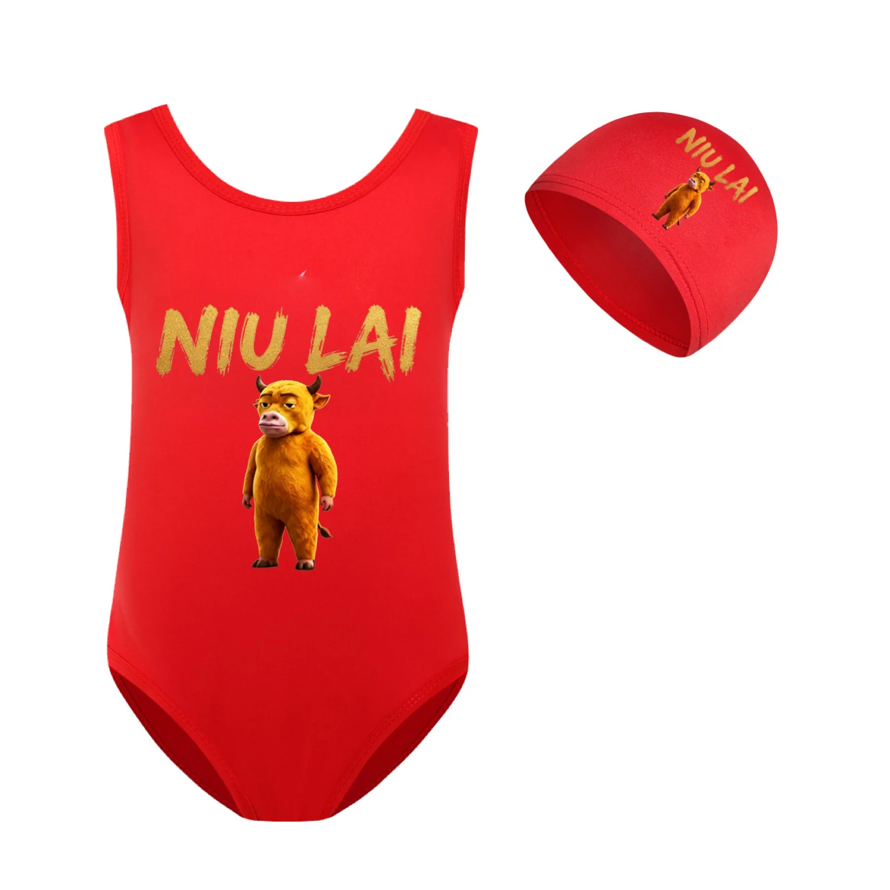 Girls’ One-Piece Swimsuit & Cap Set — 5813 Edition, Style 11 · Set · Red