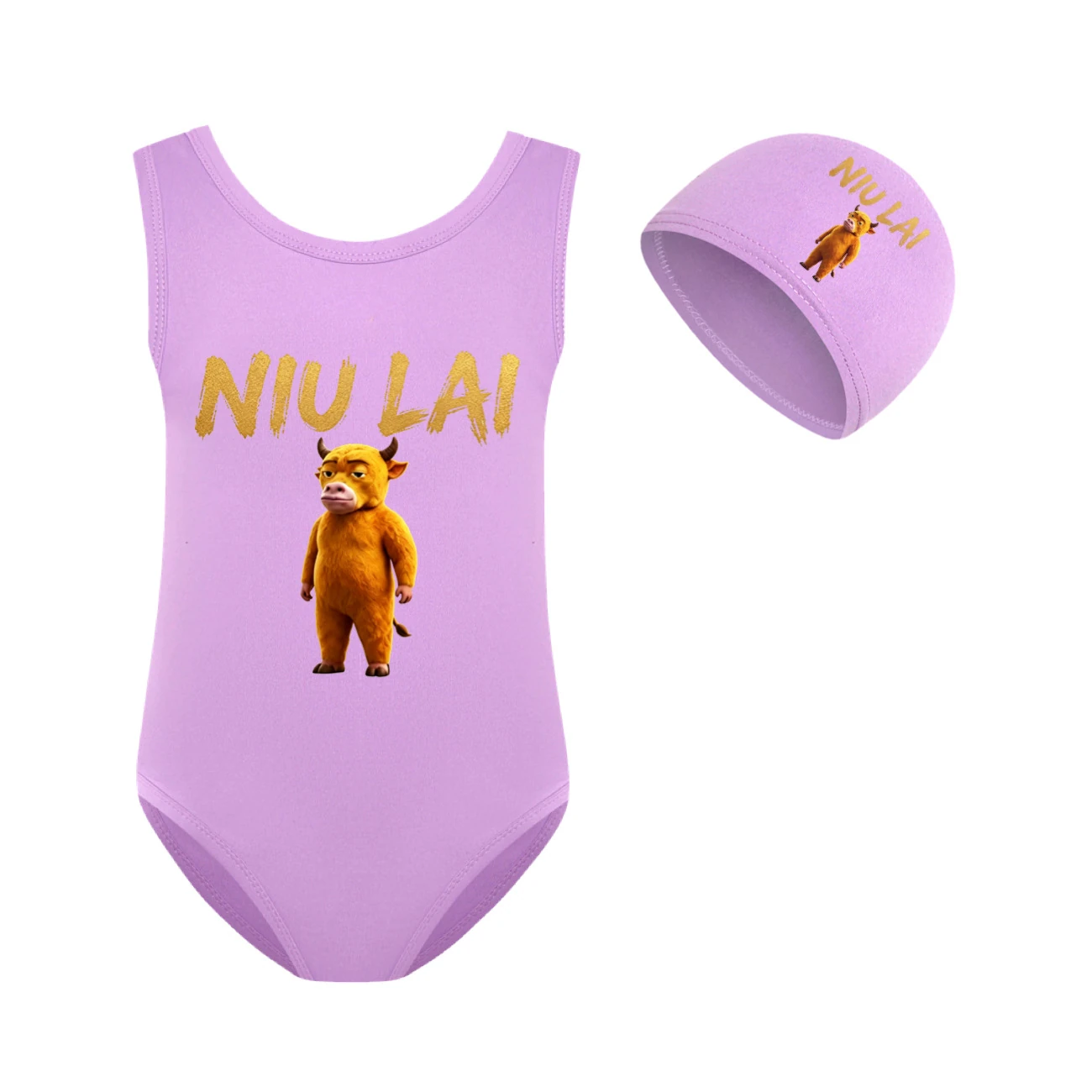Girls’ One-Piece Swimsuit & Cap Set — 5813 Edition, Style 12 · Set · Purple