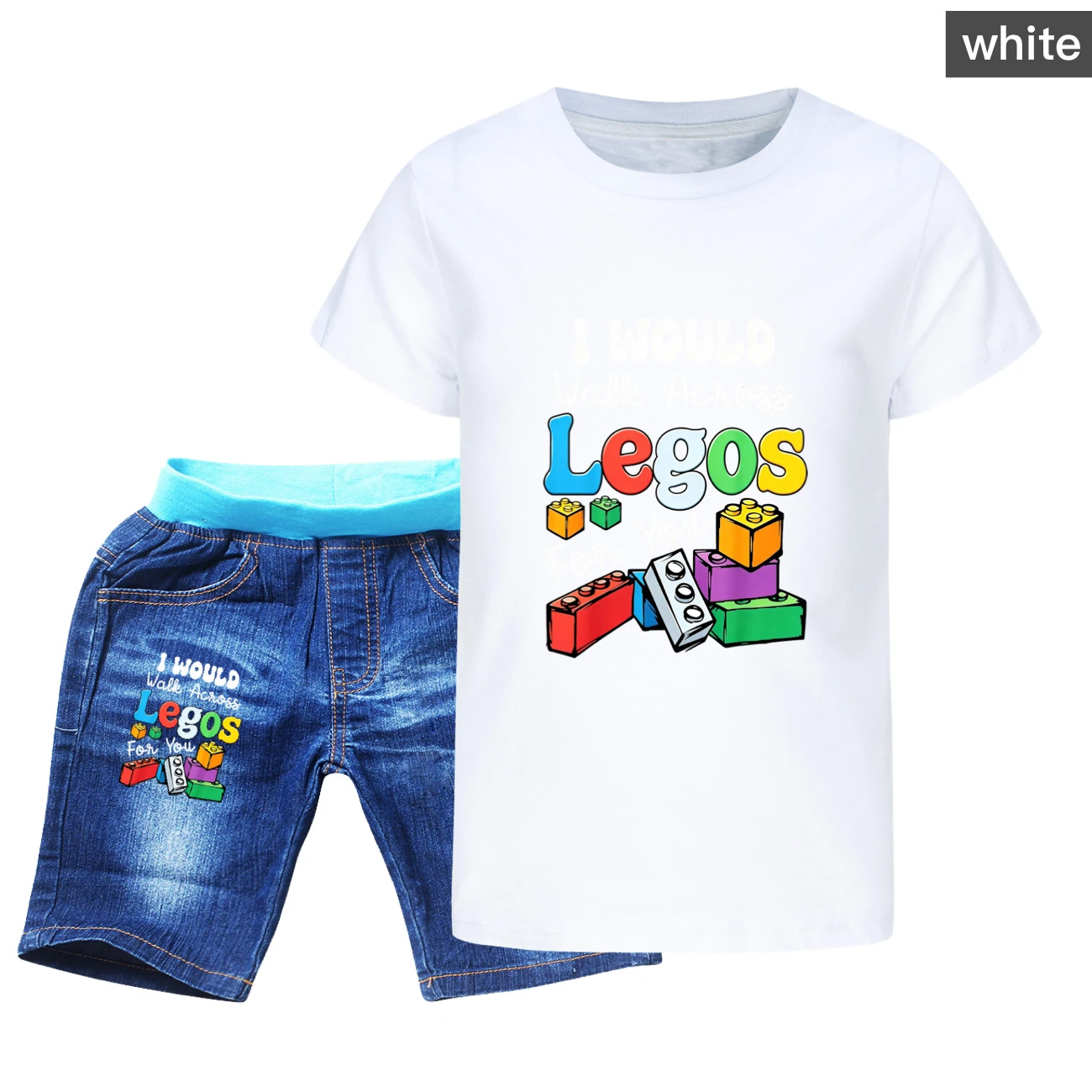 Graphic Tee & Denim Shorts Set — 5817 Edition, Style 02 · Denim · White