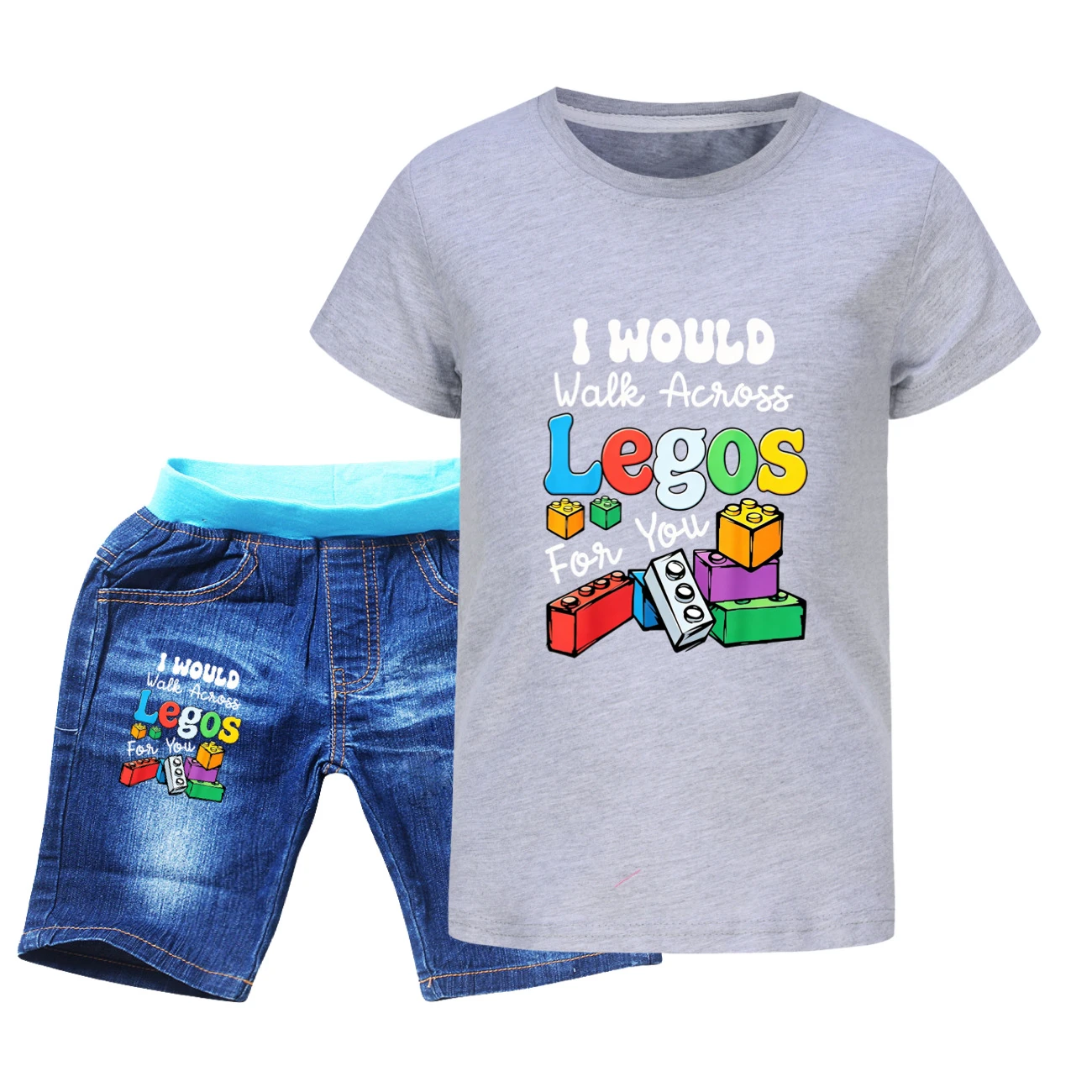 Graphic Tee & Denim Shorts Set — 5817 Edition, Style 03 · Denim · Grey