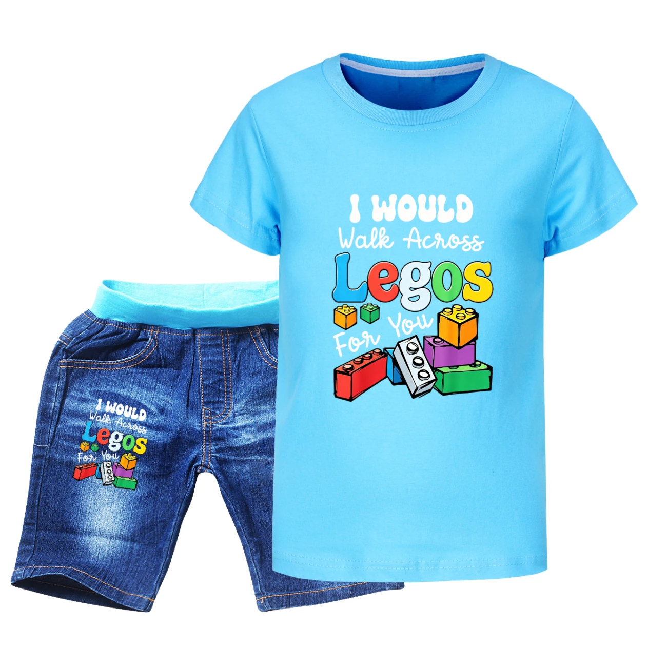 Graphic Tee & Denim Shorts Set — 5817 Edition, Style 04 · Denim · Light Blue