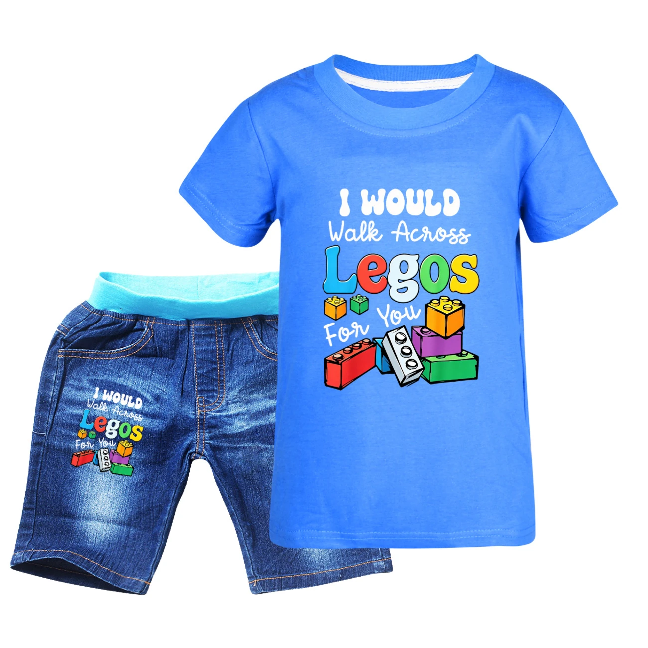 Graphic Tee & Denim Shorts Set — 5817 Edition, Style 05 · Denim · Blue