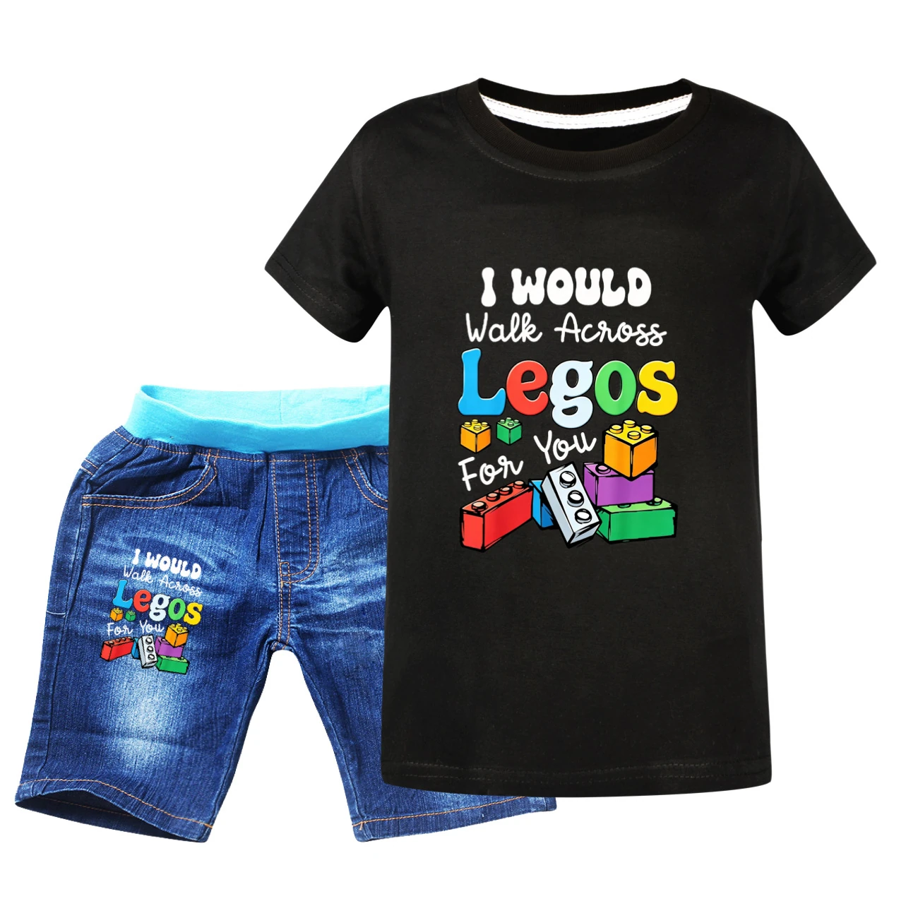 Graphic Tee & Denim Shorts Set — 5817 Edition, Style 06 · Denim · Black