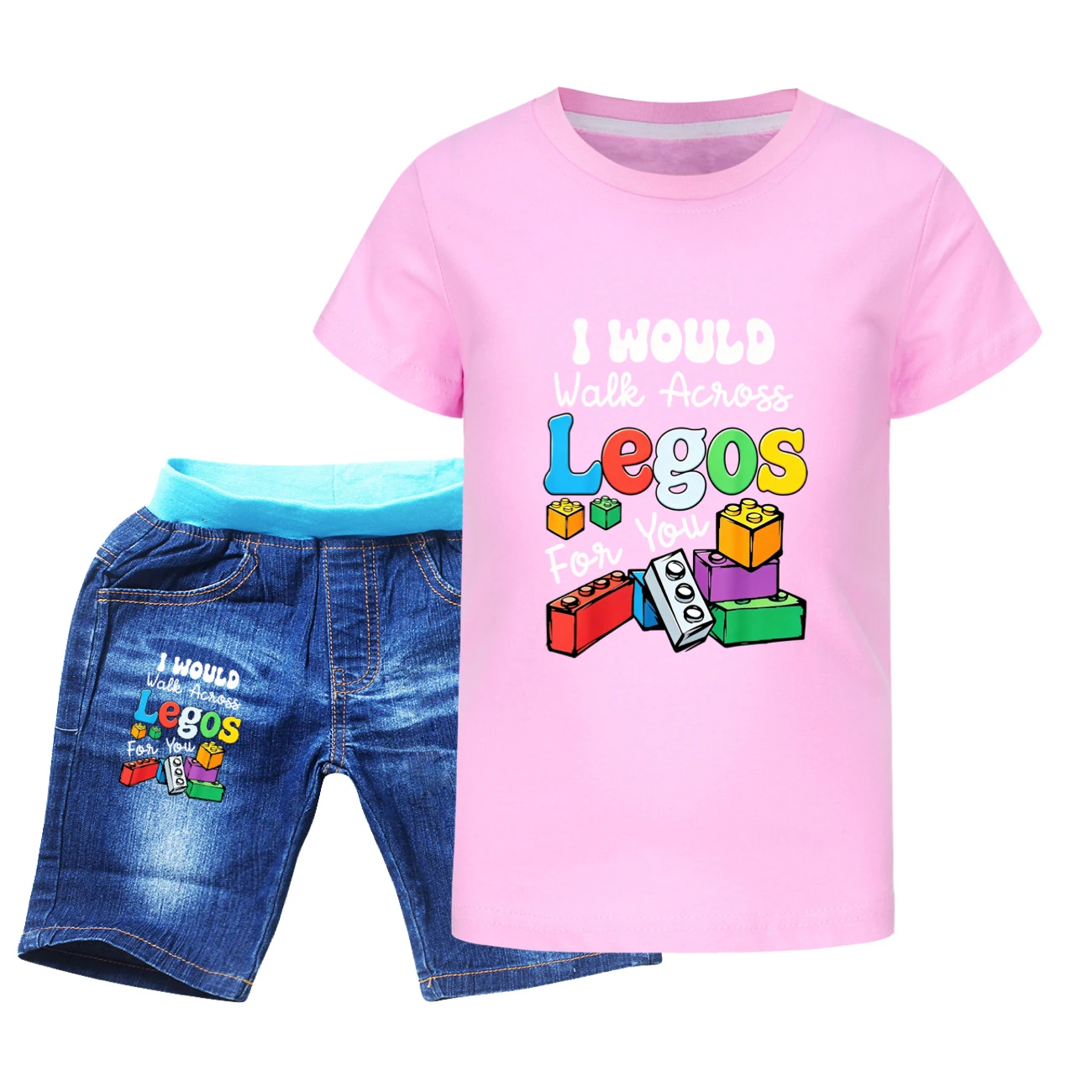 Graphic Tee & Denim Shorts Set — 5817 Edition, Style 07 · Denim · Pink