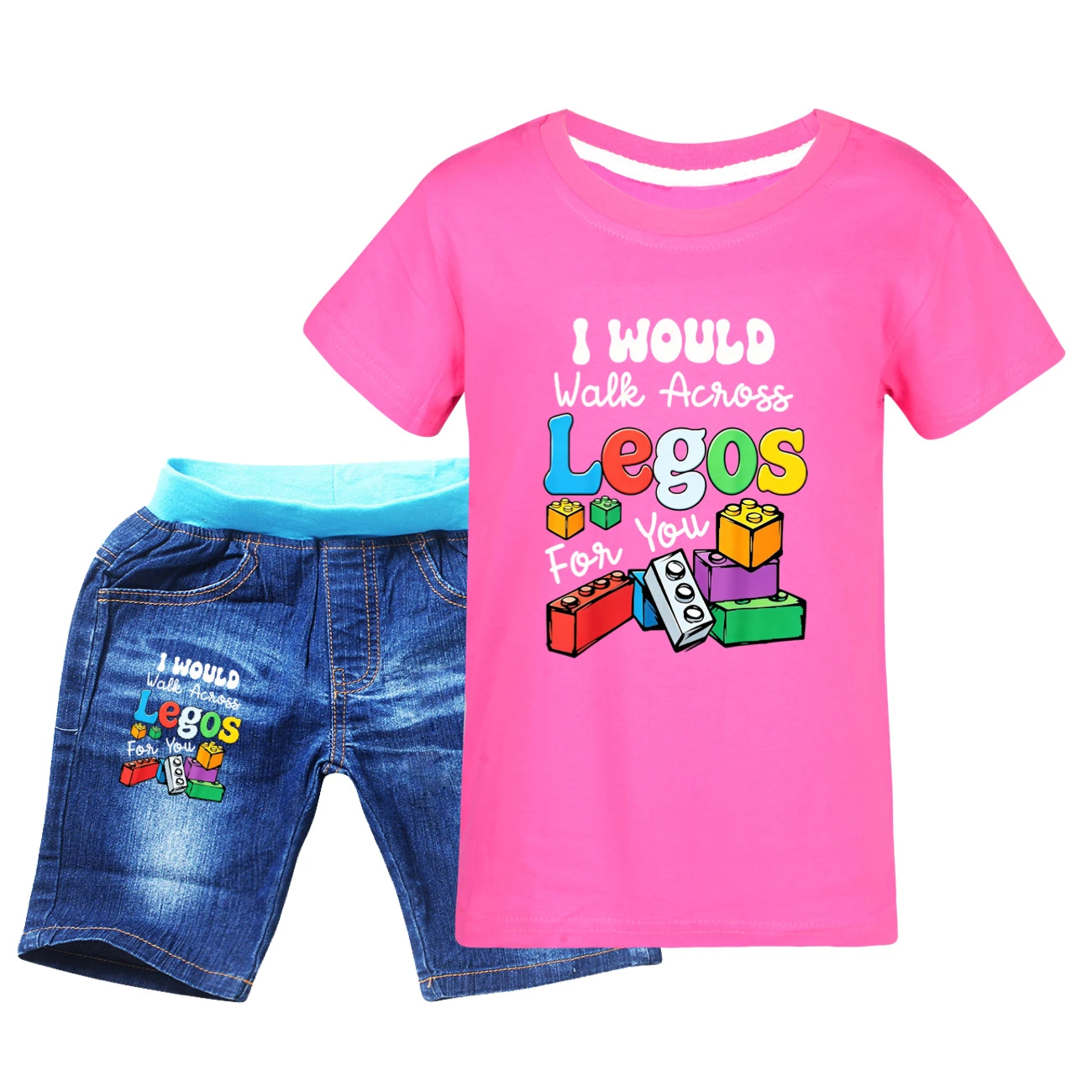 Graphic Tee & Denim Shorts Set — 5817 Edition, Style 08 · Denim · Rose