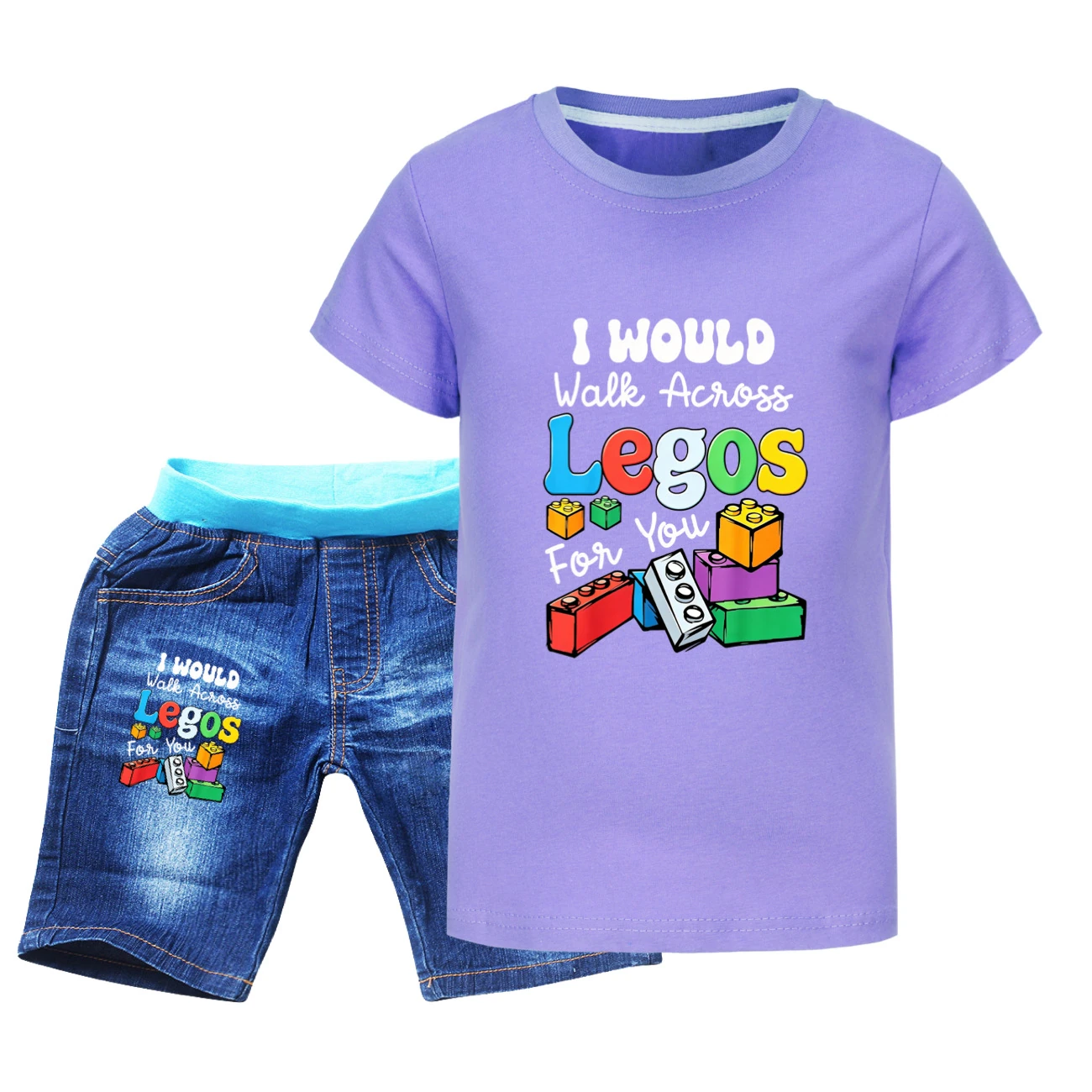 Graphic Tee & Denim Shorts Set — 5817 Edition, Style 09 · Denim · Purple